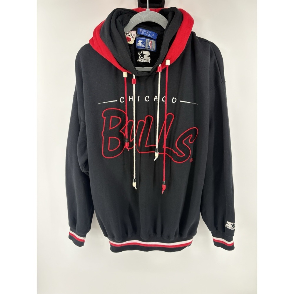 VTG‎ 90s Starter Chicago Bulls Basketball Dual Hood Hoodie Sweatshirt XL Black
